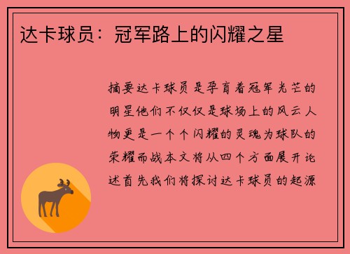 达卡球员：冠军路上的闪耀之星