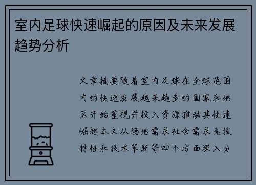 室内足球快速崛起的原因及未来发展趋势分析